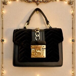 Elegant Black Velvet Quilted Mini Dress Bag with Gold Accents